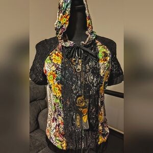 Turkish Made Mixed Media Stylish Zip Up, Mesh Sleeve Blouse